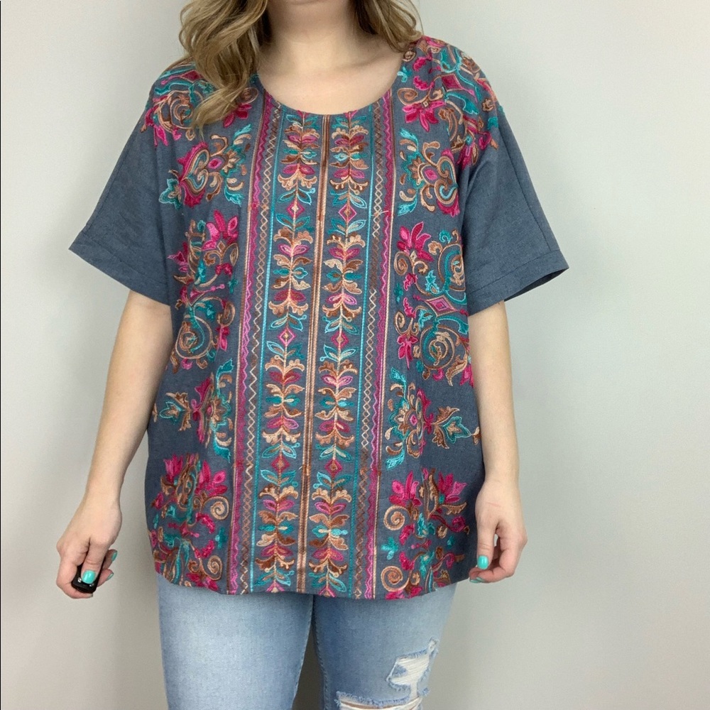Folklore Floral Paisley Embroidered Top Blue Umgee - Picture 3 of 7